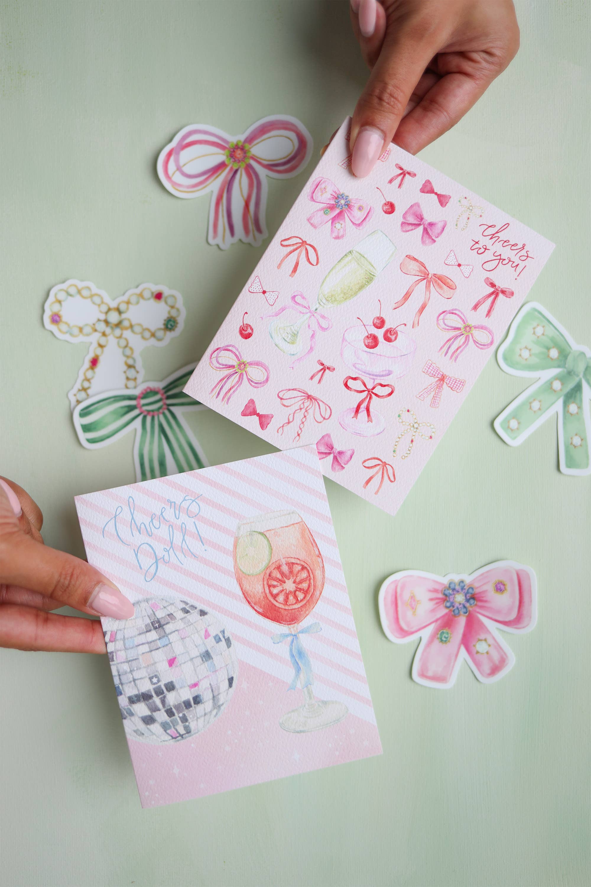 Cheers to you, coquette bow cocktails, cherries card