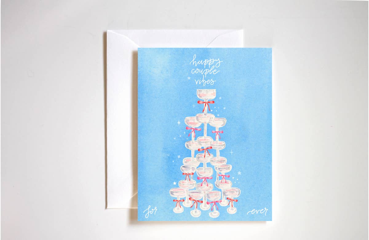 Champagne tower happy couple vibes engagement card