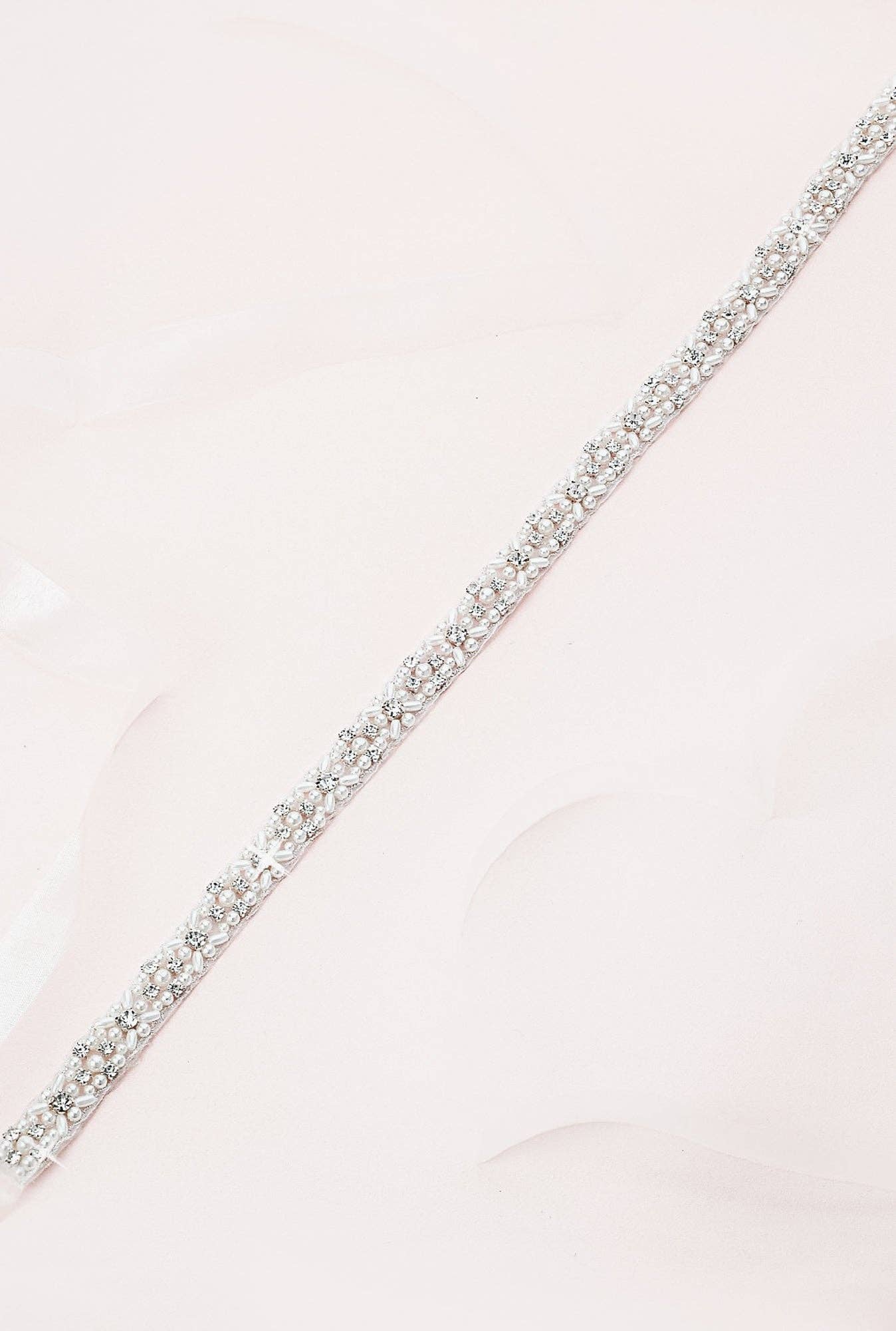Amelia Pearl and Crystal Belt: Organza Ties - Off White